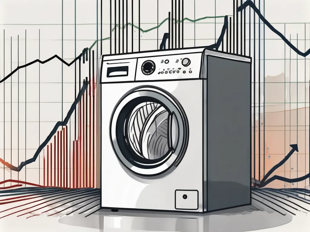 Ein Aktienmarktdiagramm mit schwankenden Linien und einer symbolischen Waschmaschine im Hintergrund, um das Konzept der Wash-Sale-Regel im Investieren darzustellen