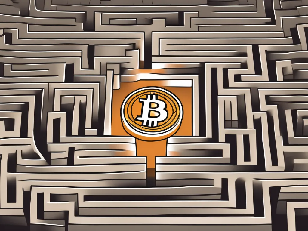 Ein Bitcoin-Symbol, das durch ein labyrinthartiges Hindernis navigiert