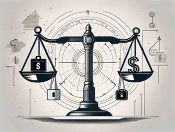 A balanced scale with various financial symbols like currency