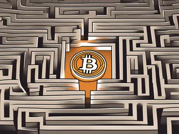 A bitcoin symbol navigating through a maze-like gap