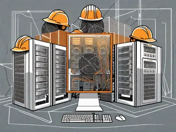 A computer server surrounded by pickaxes and hard hats