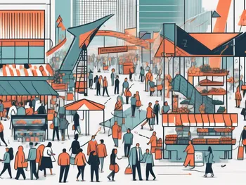 A bustling market scene with stalls representing different types of derivatives like futures