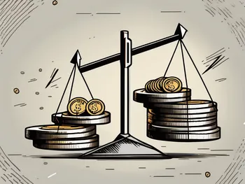 A scale balancing a stack of stocks on one side and a pile of coins on the other