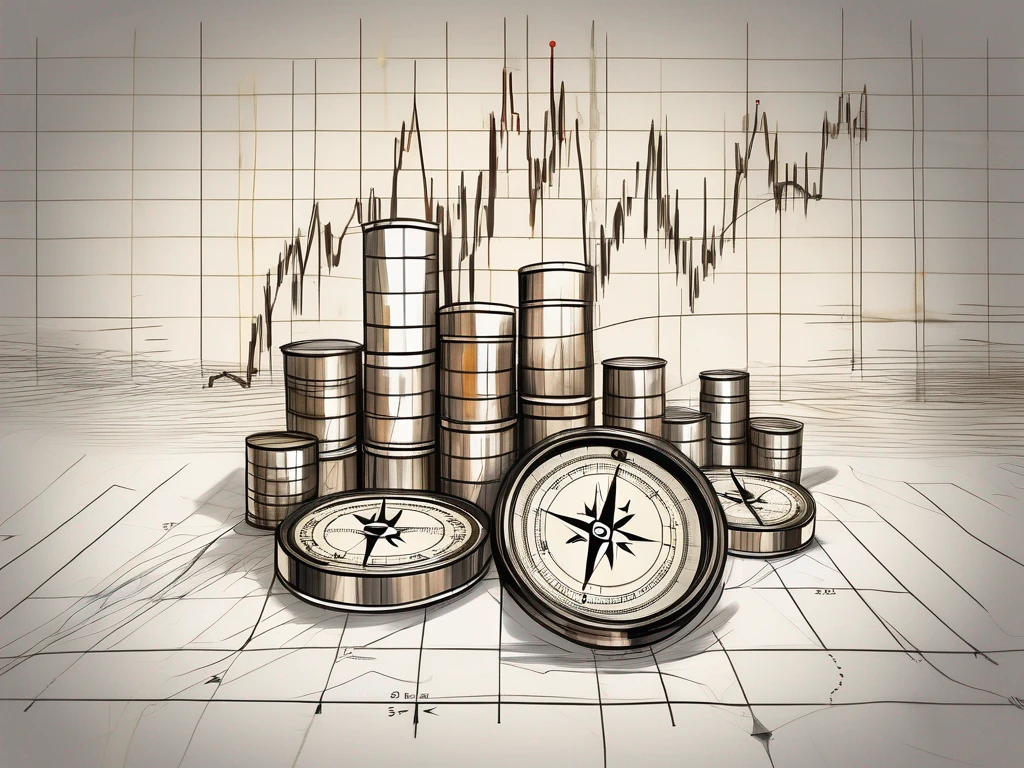 Un gráfico dinámico del mercado de valores con barriles de petróleo y una brújula