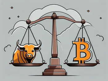 Une balance équilibrée avec un symbole de bitcoin d'un côté et une icône de taureau et d'ours de l'autre