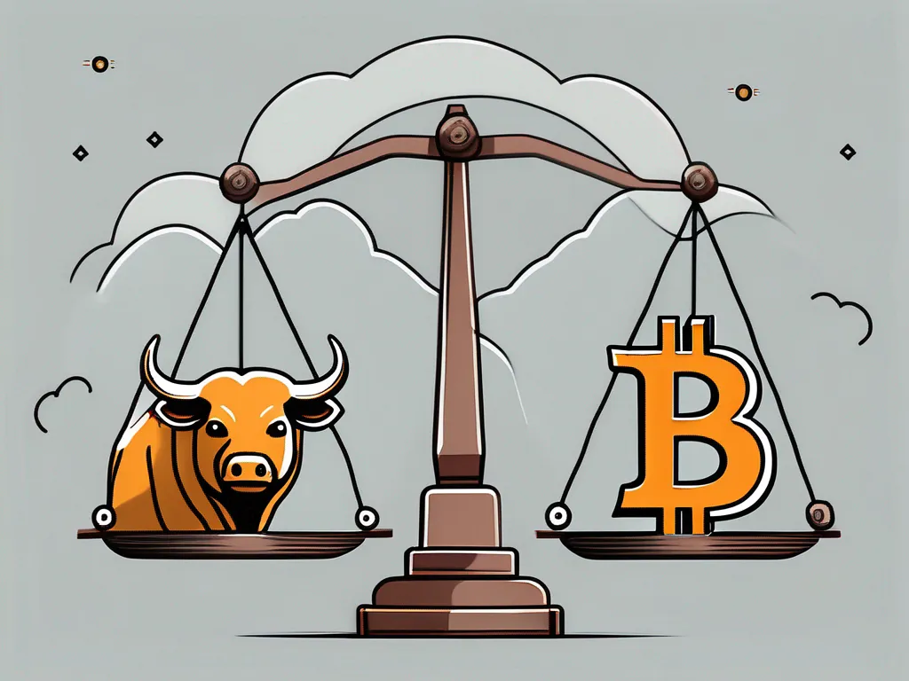 A balanced scale with a bitcoin symbol on one side and a bull and bear icon on the other