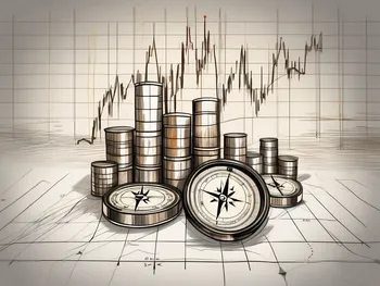 A dynamic stock market graph with oil barrels and a compass