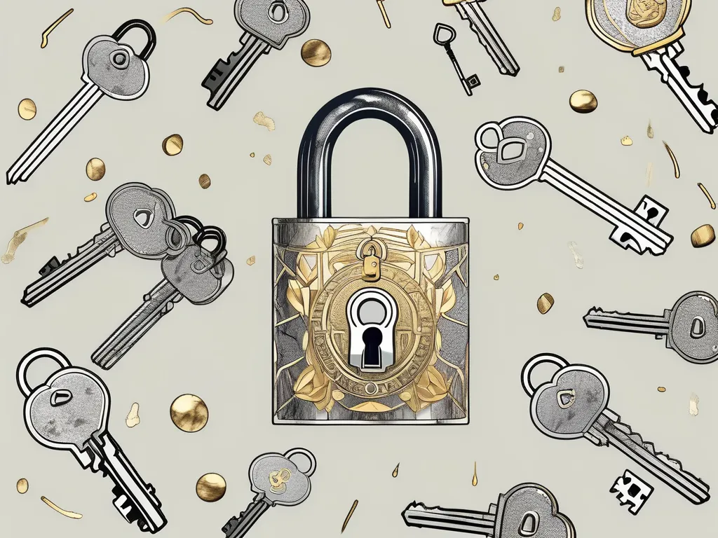 A traditional padlock being unlocked by a key shaped like an nft (non-fungible token)