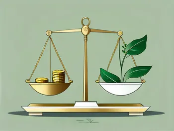 A balanced scale with green plants on one side and gold coins on the other