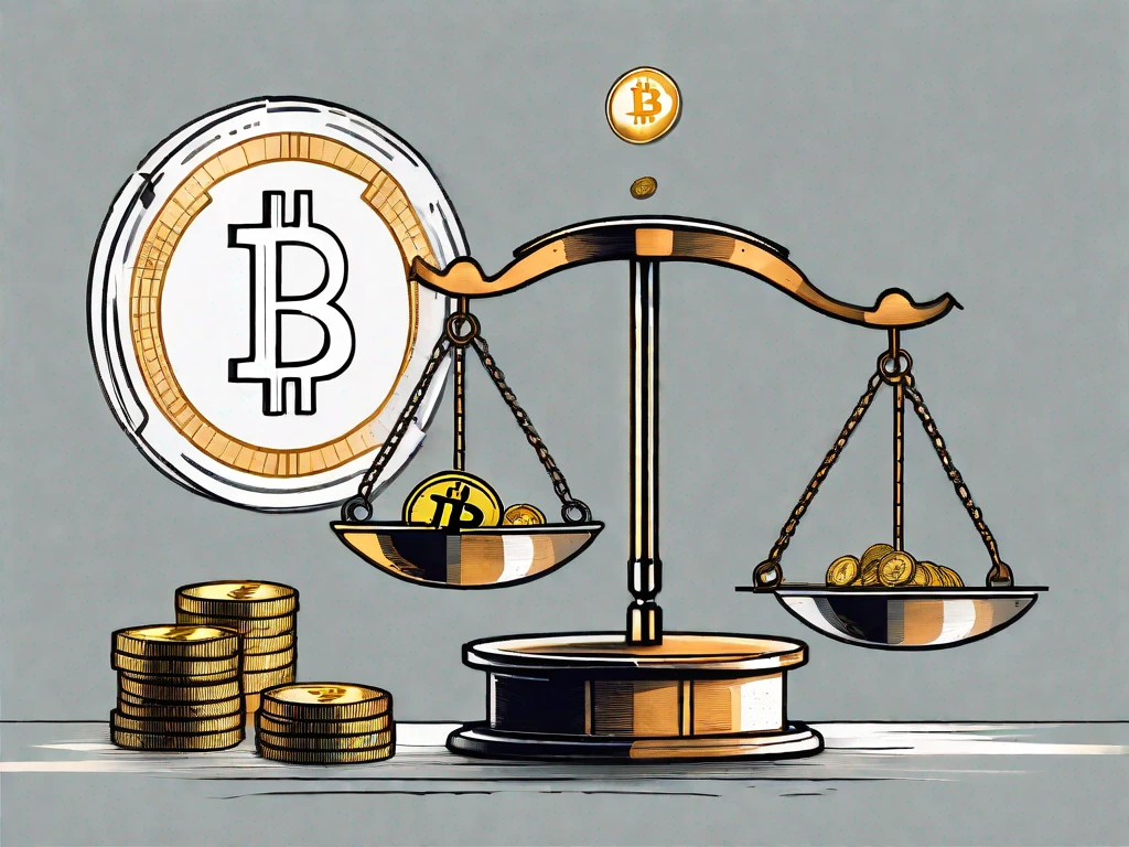 A balanced scale with a cryptocurrency coin on one side and a treasure chest on the other