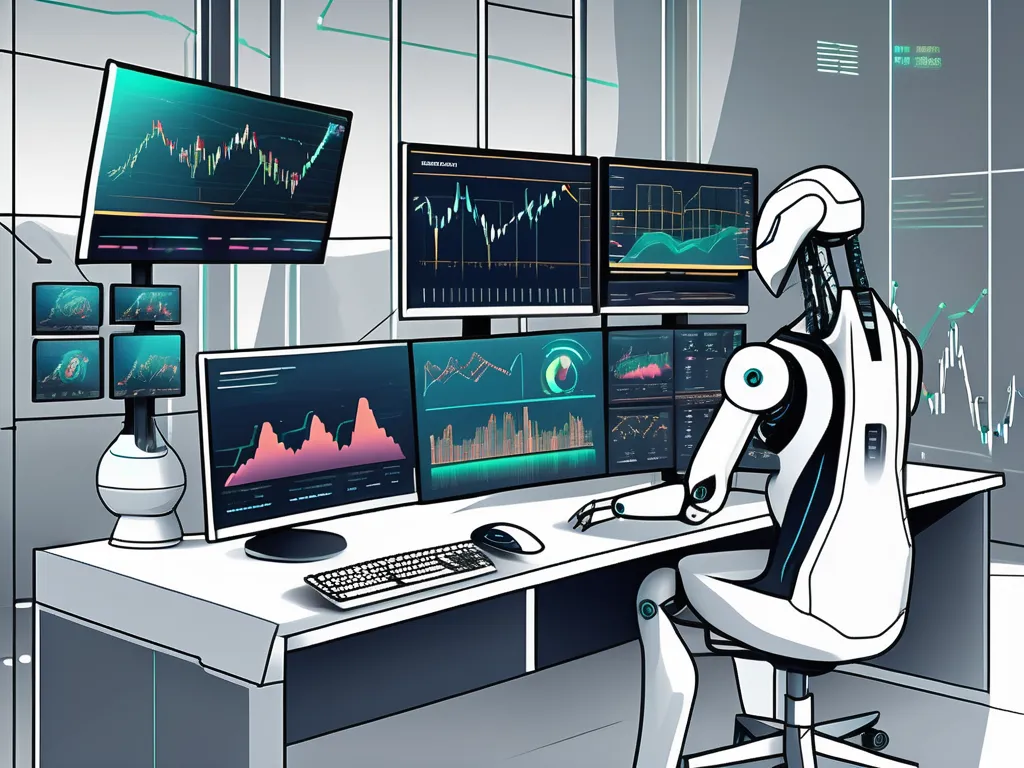 A futuristic trading desk with multiple screens displaying graphs and charts