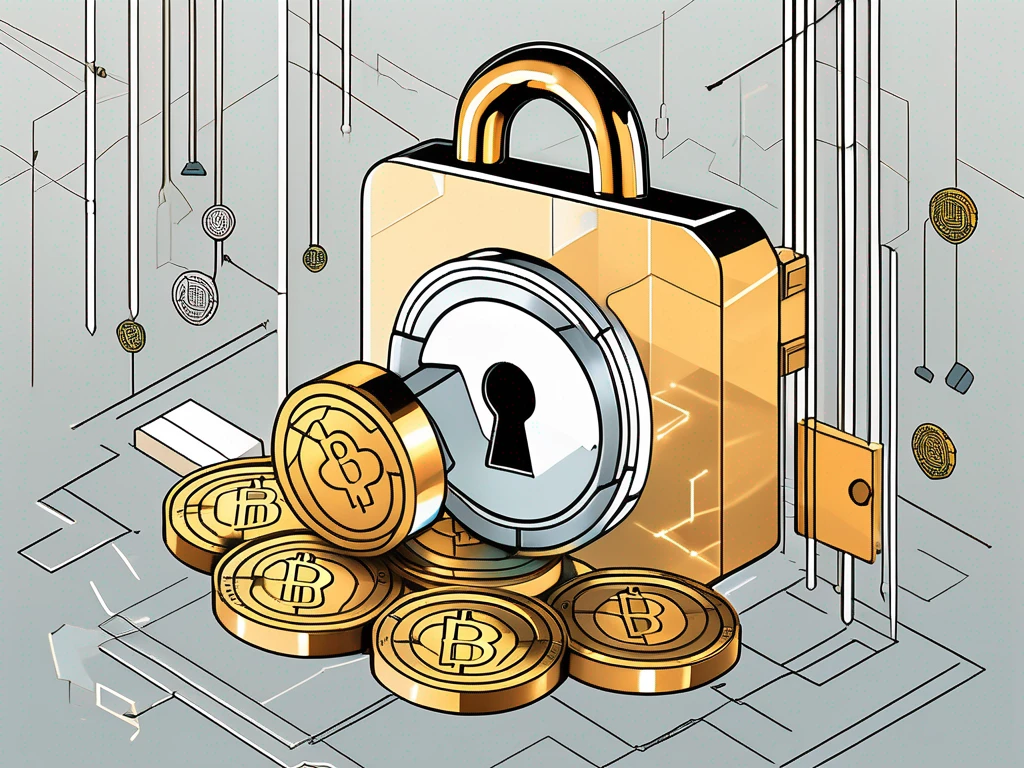 A stylized lock being opened with various digital tokens and coins spilling out