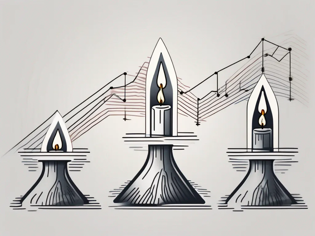 Tres gráficos de velas ascendentes con el del medio mostrando una tendencia bajista