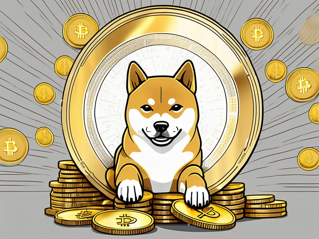 A shiba inu dog (the dogecoin mascot) sitting on a pile of gold coins