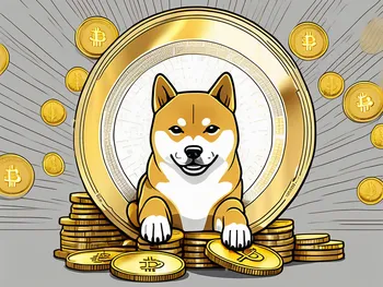 A shiba inu dog (the dogecoin mascot) sitting on a pile of gold coins