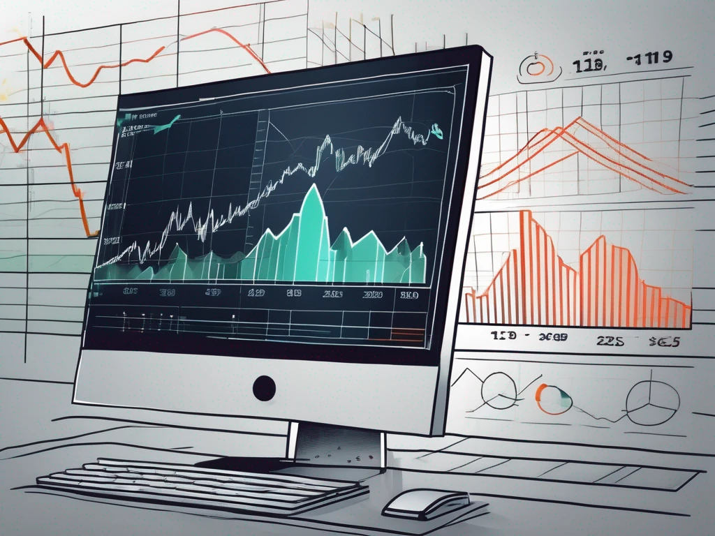 A computer screen displaying a dynamic trading graph with various financial symbols