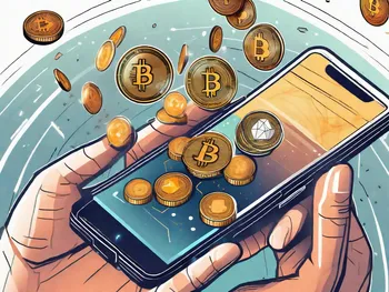 A digital wallet being filled with various types of cryptocurrency coins falling from the sky