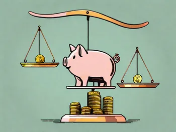 A piggy bank on one side of a balanced scale and stacks of coins gradually increasing in height on the other side