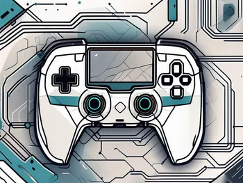 A futuristic gaming console intertwined with elements of blockchain technology like chains and blocks