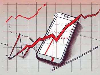 A stock market graph plummeting towards a red line