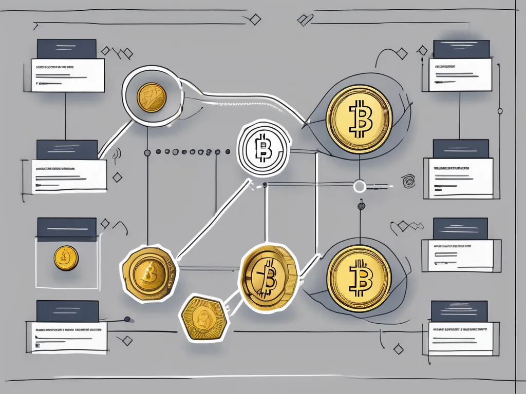 Ein digitales Hauptbuch mit symbolischen Münzen und einem Flussdiagramm, das den Prozess von Transaktionen im UTXO (Unspent Transaction Output) Modell in Kryptowährungen zeigt