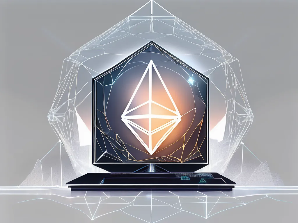 Eine futuristische digitale Landschaft mit symbolischen Elementen, die Ethereum 2.0 repräsentieren