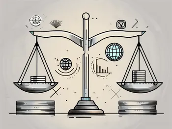 A balanced scale with various economic symbols like currency