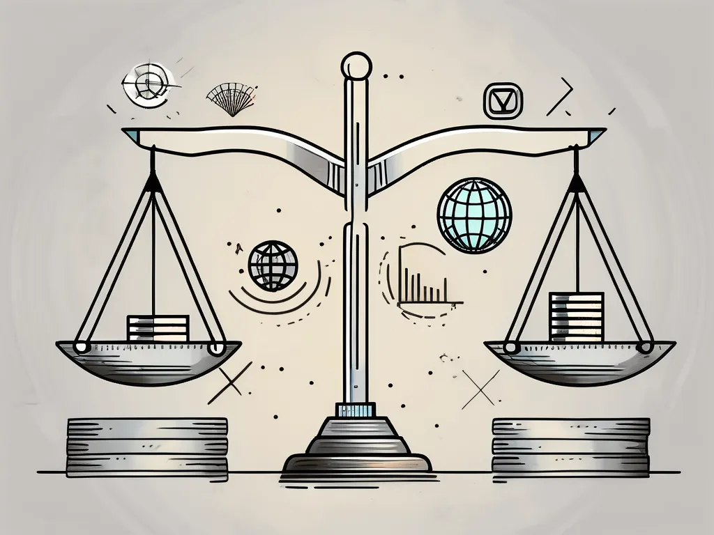 Una balanza equilibrada con varios símbolos económicos como monedas