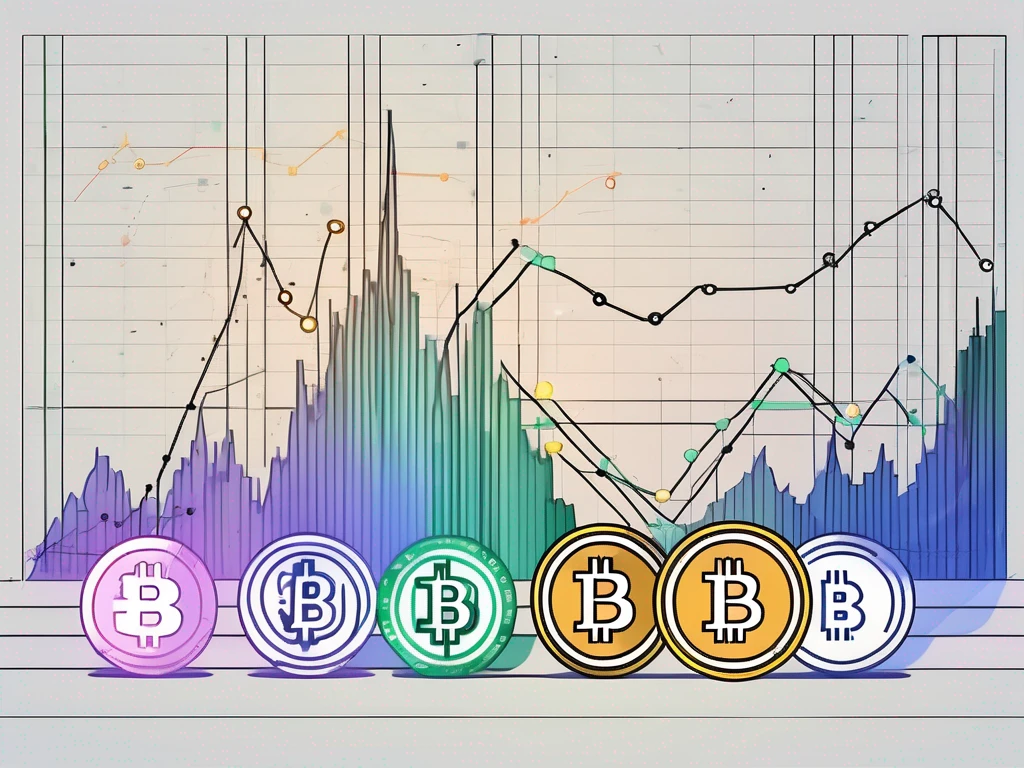 A dynamic stock market graph with various cryptocurrencies represented by different colored lines