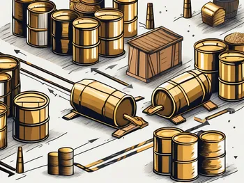 A dynamic market scene with various commodities like oil barrels