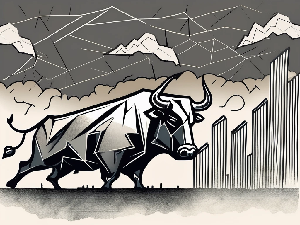 A stormy financial landscape with symbolic elements such as a cracked wall street bull