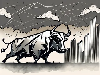 A stormy financial landscape with symbolic elements such as a cracked wall street bull