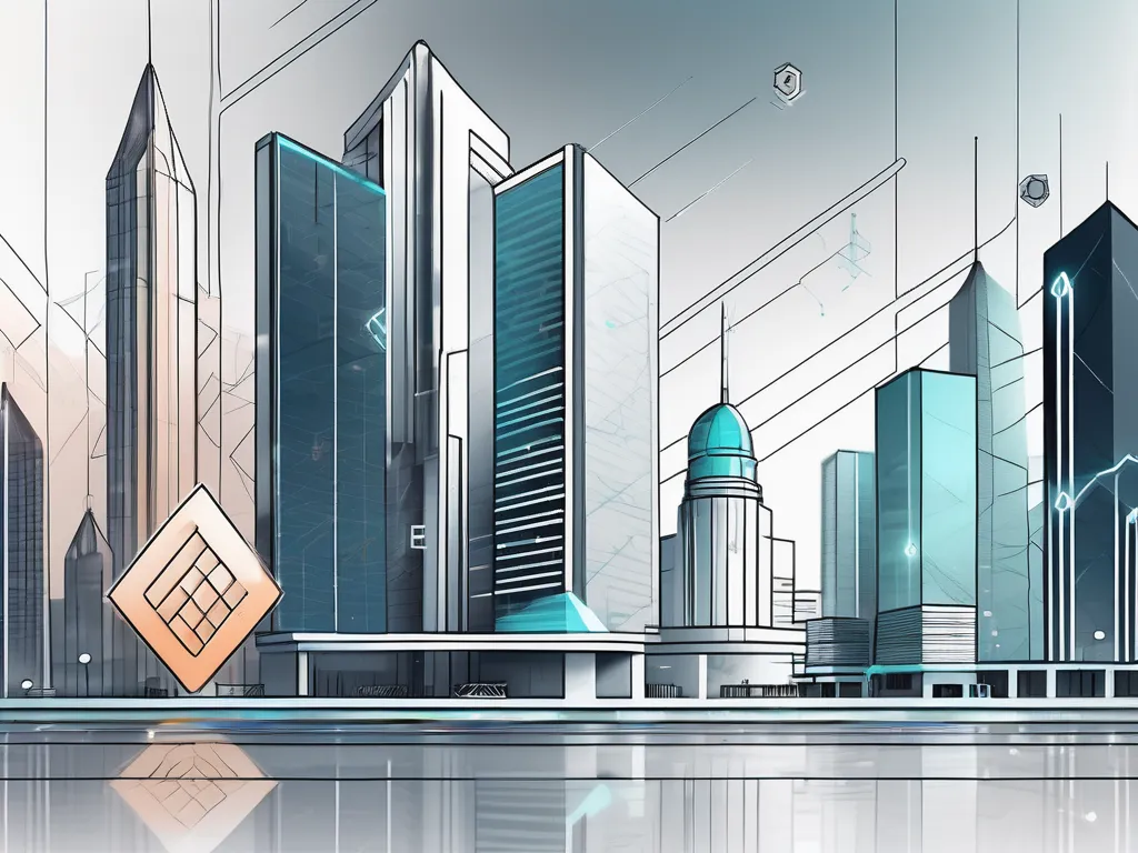 A futuristic cityscape with symbols of traditional finance (like a bank or stock market building) being overshadowed by sleek