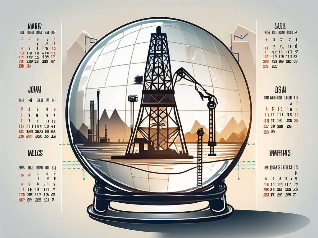 Une boule de cristal reflétant divers symboles de l'industrie pétrolière tels qu'une plateforme pétrolière