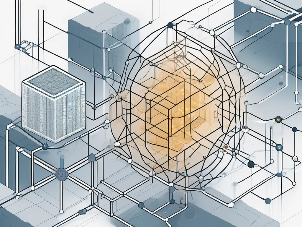 Eine digitale Landschaft zeigt ein Blockchain-Netzwerk, das mit einer symbolischen Darstellung einer Turing-Maschine verflochten ist