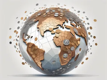 A globe encrusted with various types of coins