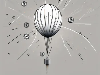 A cryptocurrency coin being inflated like a balloon and then suddenly bursting