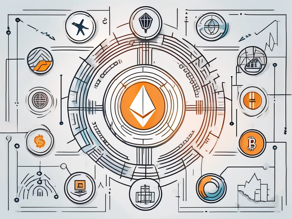 Various symbols representing different sectors such as finance