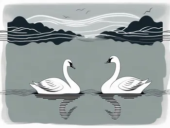 A serene lake scene featuring three distinct swans—one black