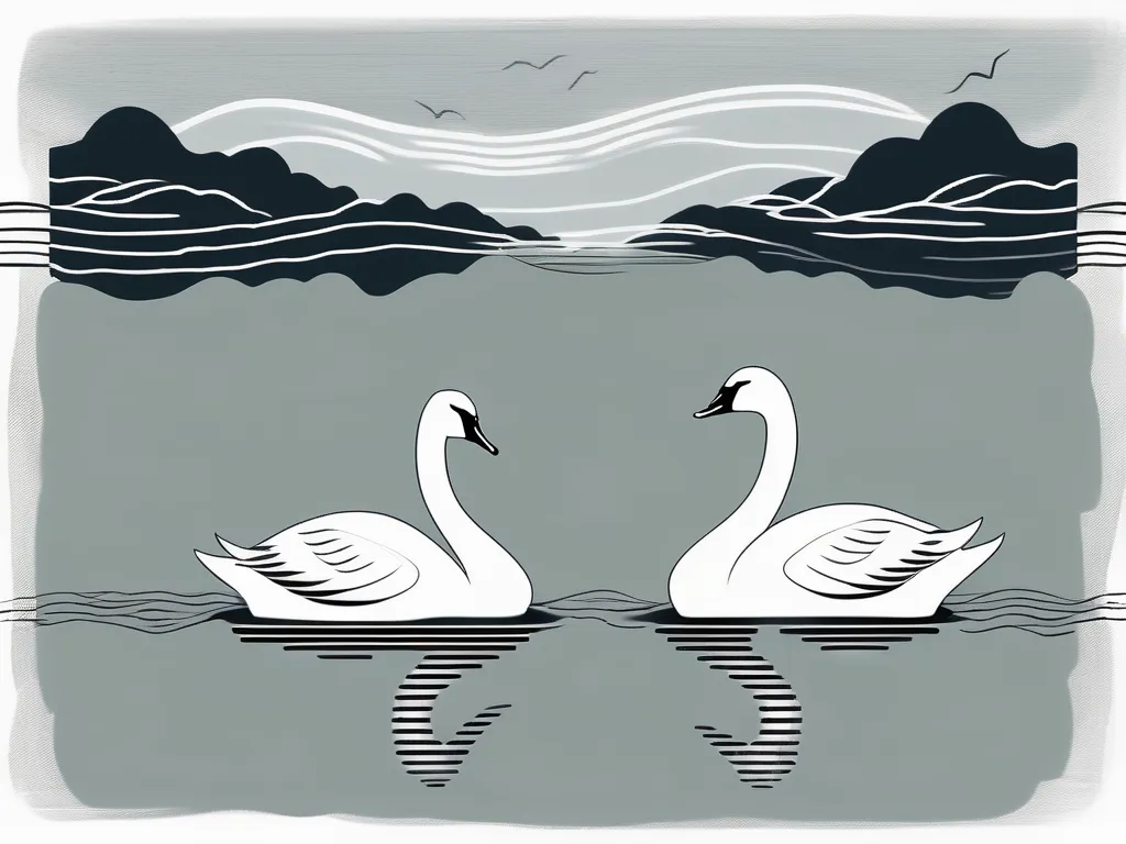 A serene lake scene featuring three distinct swans—one black