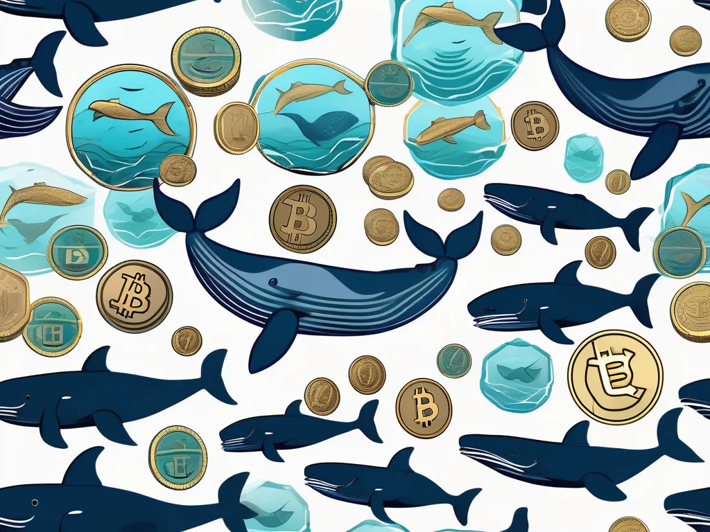 An underwater scene featuring various sizes of whales and fish to symbolize different players in the crypto market