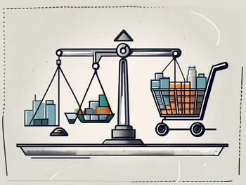 A set of scales balancing symbols of economic health such as a factory