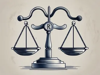 A balanced scale with a ripple symbol on one side and a courthouse symbol on the other