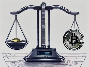 A digital scale balancing traditional currency on one side and cryptocurrency symbols on the other