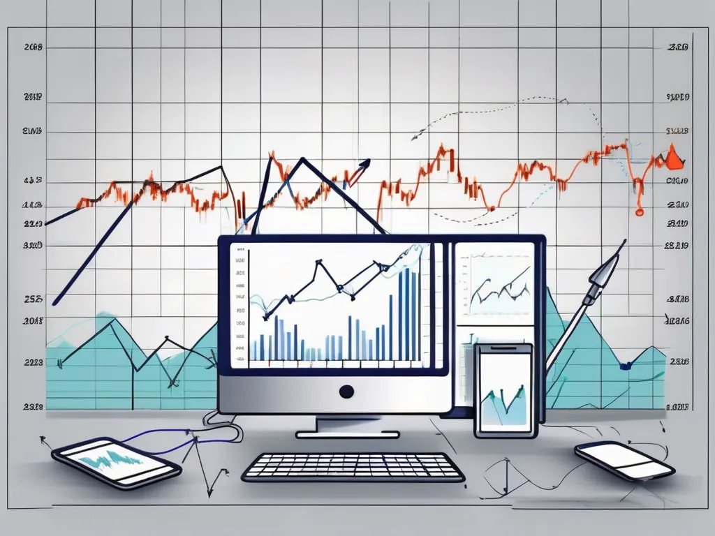 Un gráfico dinámico del mercado de valores con diversas herramientas de análisis técnico como medias móviles.