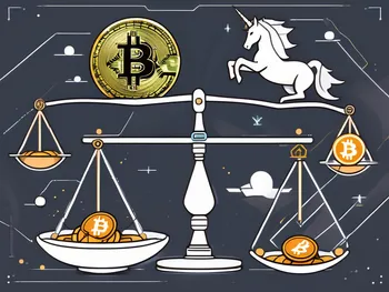 A balance scale with common crypto symbols like bitcoin and ethereum on one side