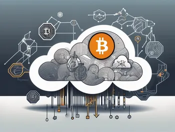 A futuristic cloud with various cryptocurrency symbols like bitcoin