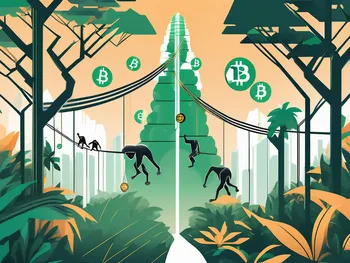 A digital jungle with various symbolic cryptocurrencies like bitcoin and ethereum represented as different types of apes swinging from tree to tree