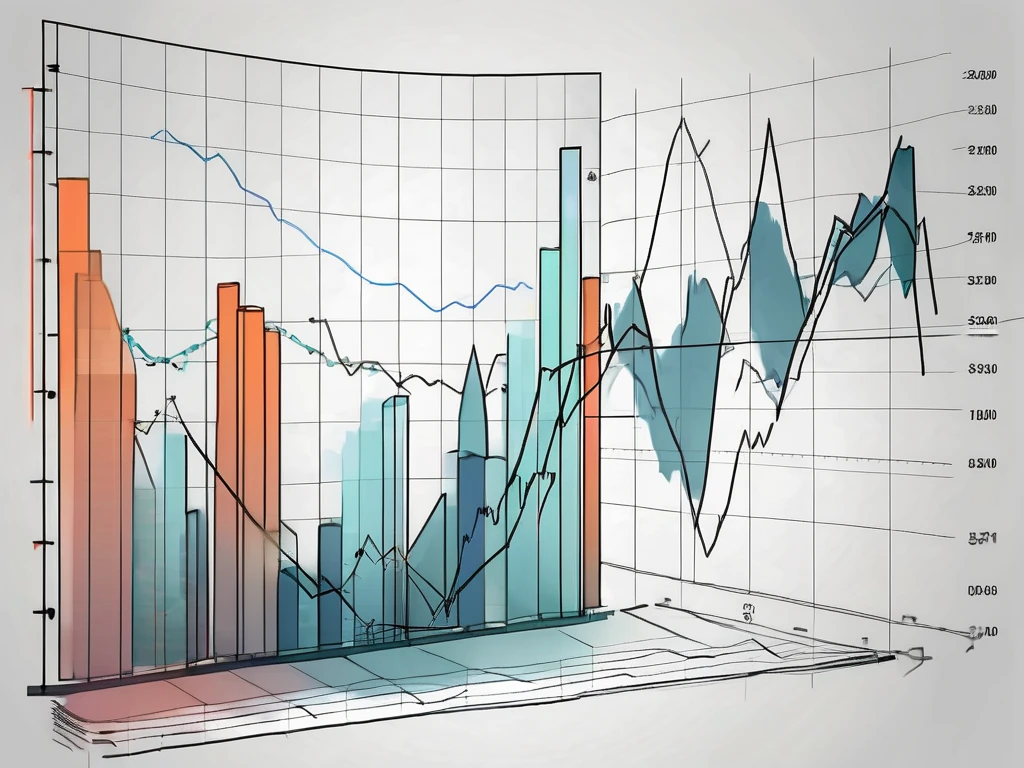 Un gráfico dinámico del mercado de valores con barras de volumen destacadas y un indicador de volumen relativo en una sección separada debajo.