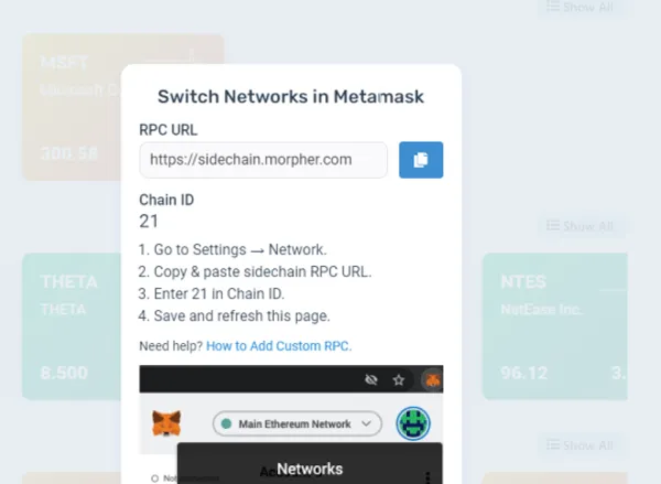 Instructions for switching networks in Metamask inside DApp.